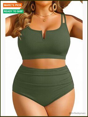 Plus Size High Waisted Bikini Set - Ribbed Two Piece Tummy Control Swimwear